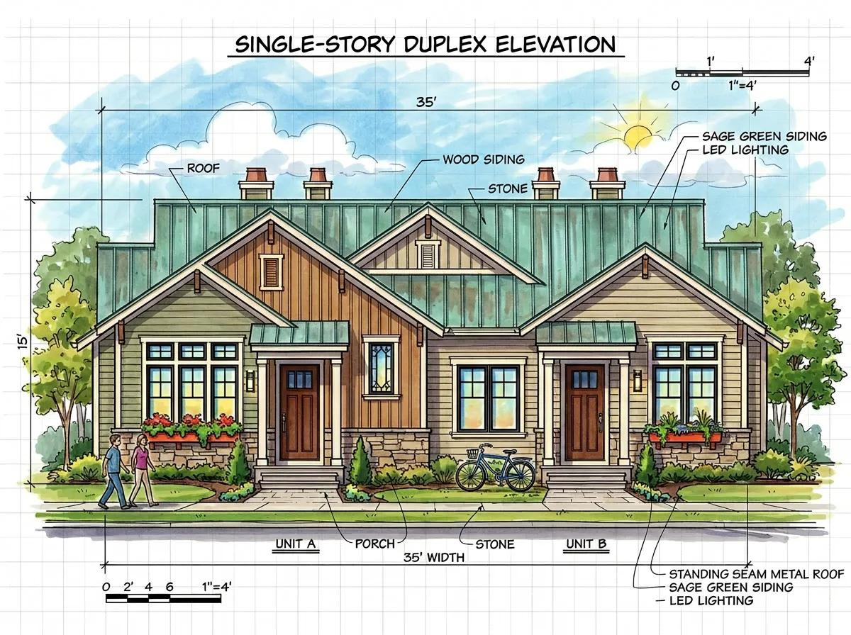 Exterior view of a newly built single-story duplex home